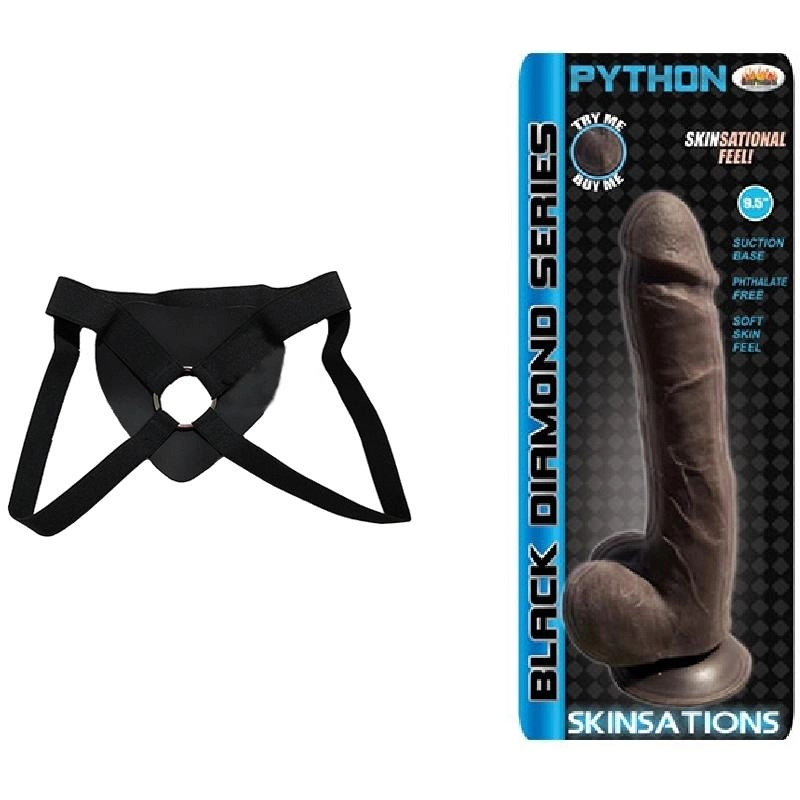  22 cm Largo x 4.44 cm Ancho - 9" HP2999 Python Suction Cup Dildo Black Strap-on Kit Dildo y Arnes Económico