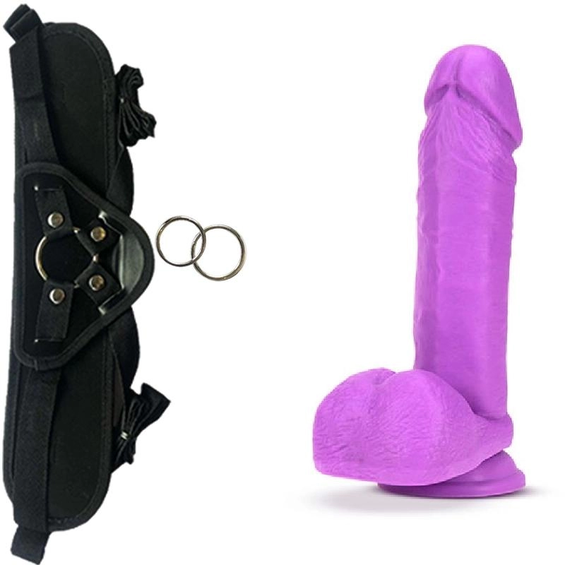  20 cm Largo x 4.4 cm Ancho - BL-86701 Silicone Dual Density Cock with Balls Neon Purple Strap-on Kit Dildo y Arnes ARNES WOW! BLACK