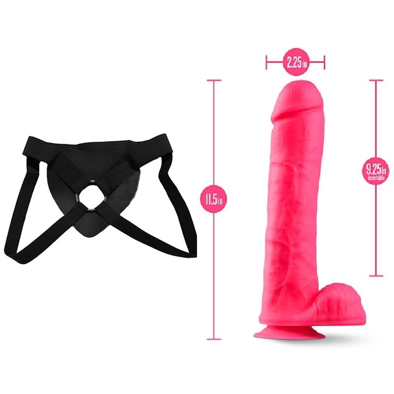  27 cm LArgo x 5.7 cm BL-26420 11 Inch Silicone Dual Density Cock with Balls Neon Pink Strap-on Kit Dildo y Arnes Económico